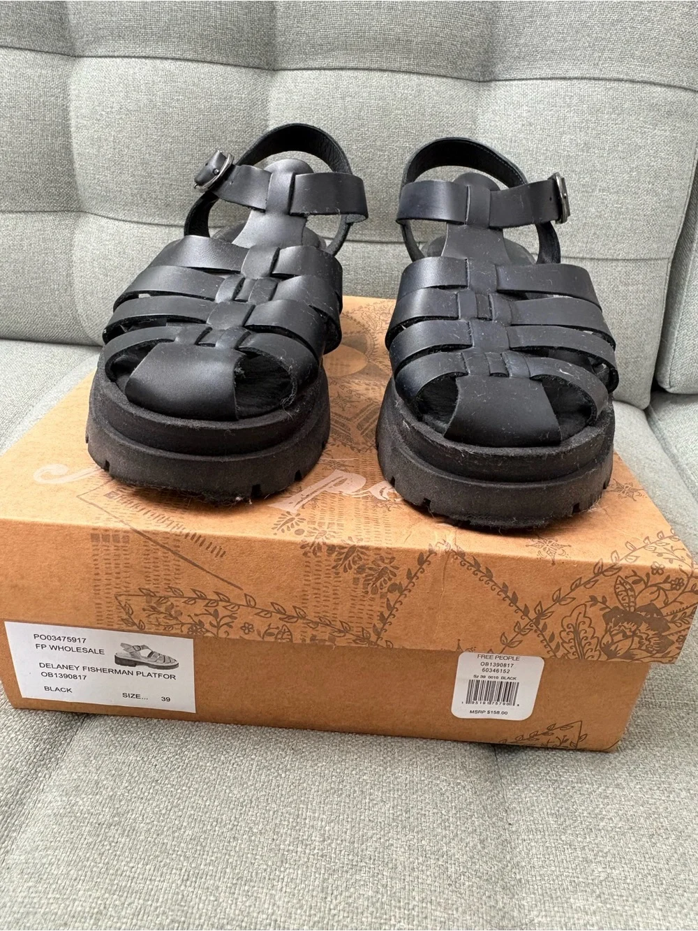 NWOT Free People Black Delaney Fisherman Platform Sandals with box.